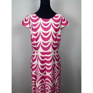 Talbots Fit & Flare Dress Size 16 Pink White Geometric Cap Sleeve